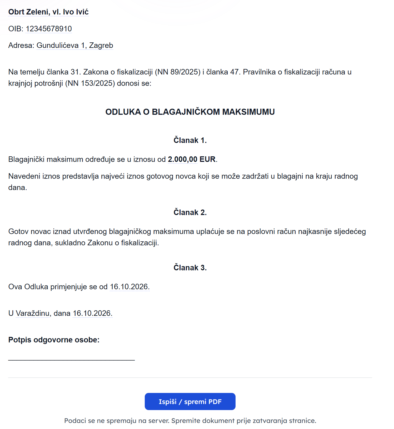 Primjer odluke o blagajničkom maksimumu