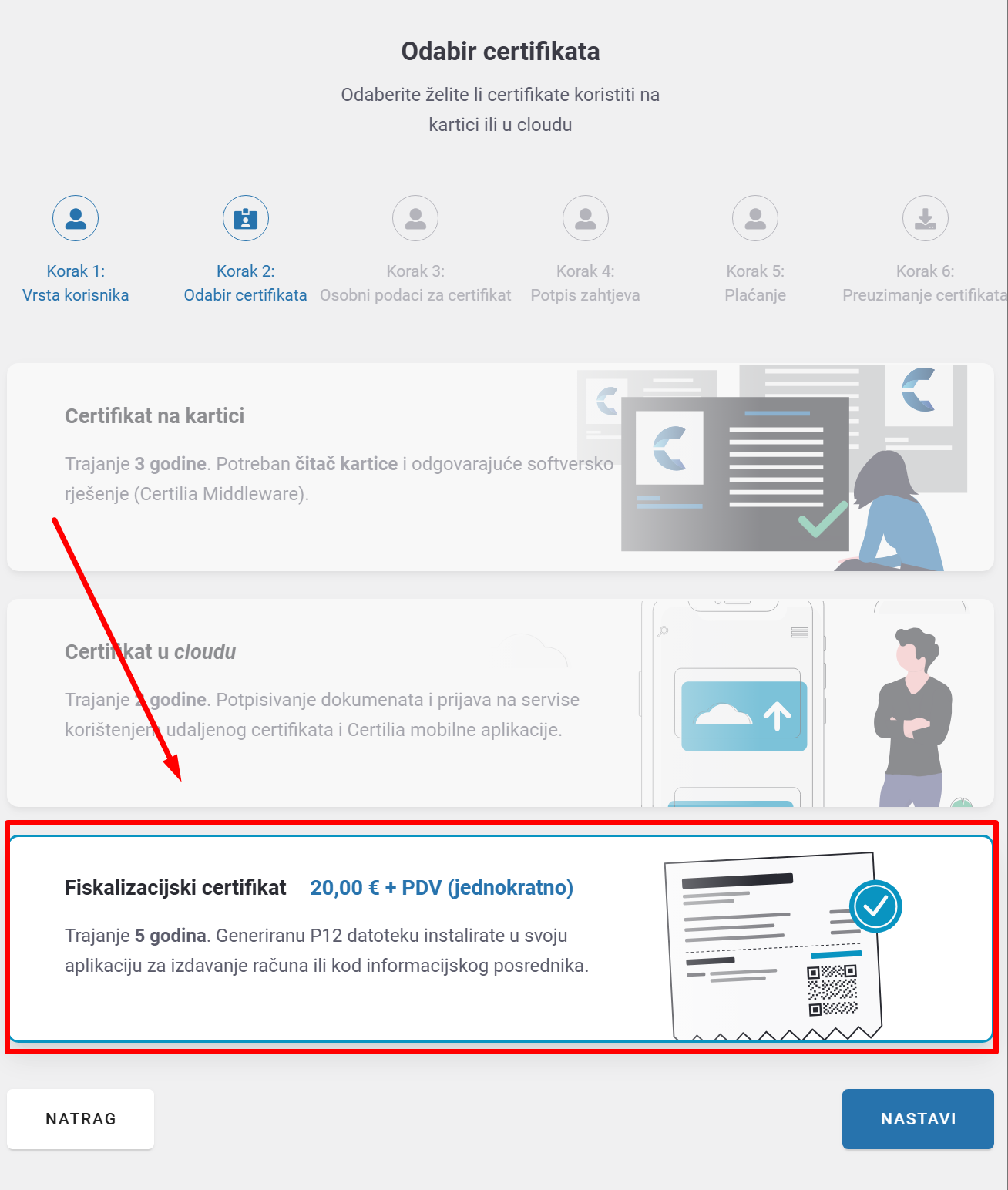 Certilia odabir fiskalizacijskog certifikata