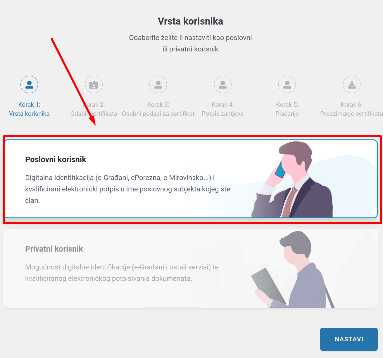 Certilia odabir vrste korisnika