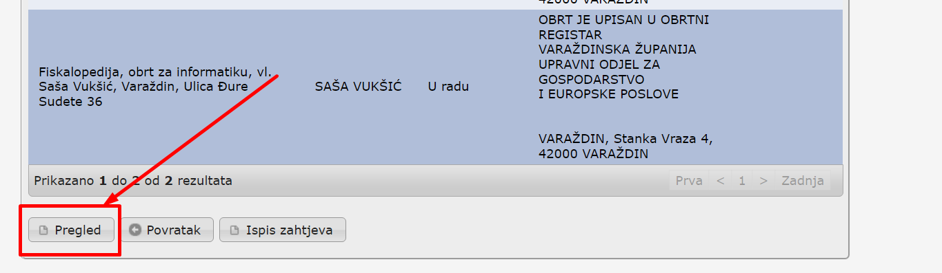 Odabir željenog obrta u obrtnom registru