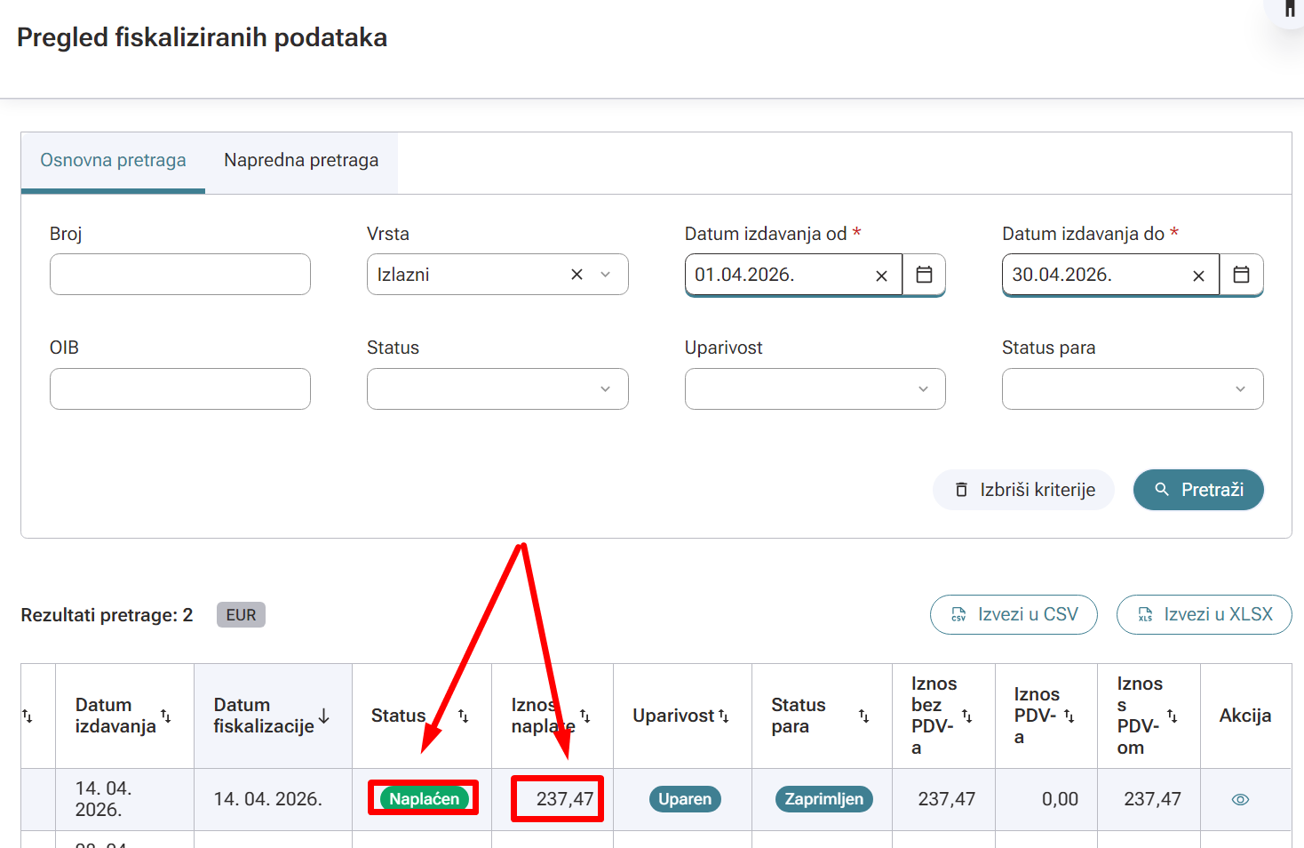 Provjera statusa naplaćenog eračuna u eizvještavanju