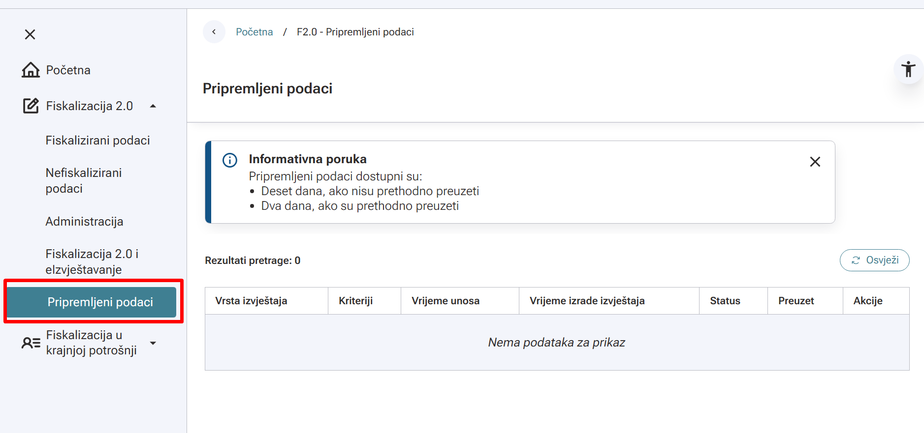 Pripremljeni podaci unutar Fiskaplikacije