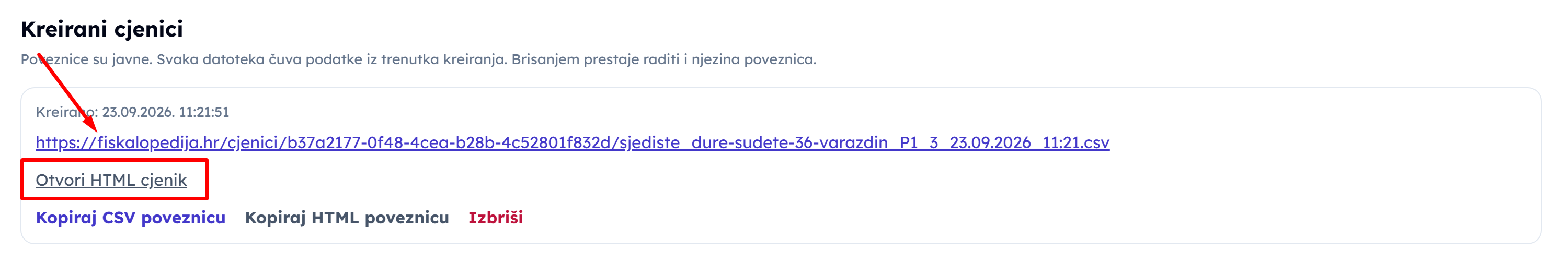 Link na HTML cjenik za objavu na web stranici