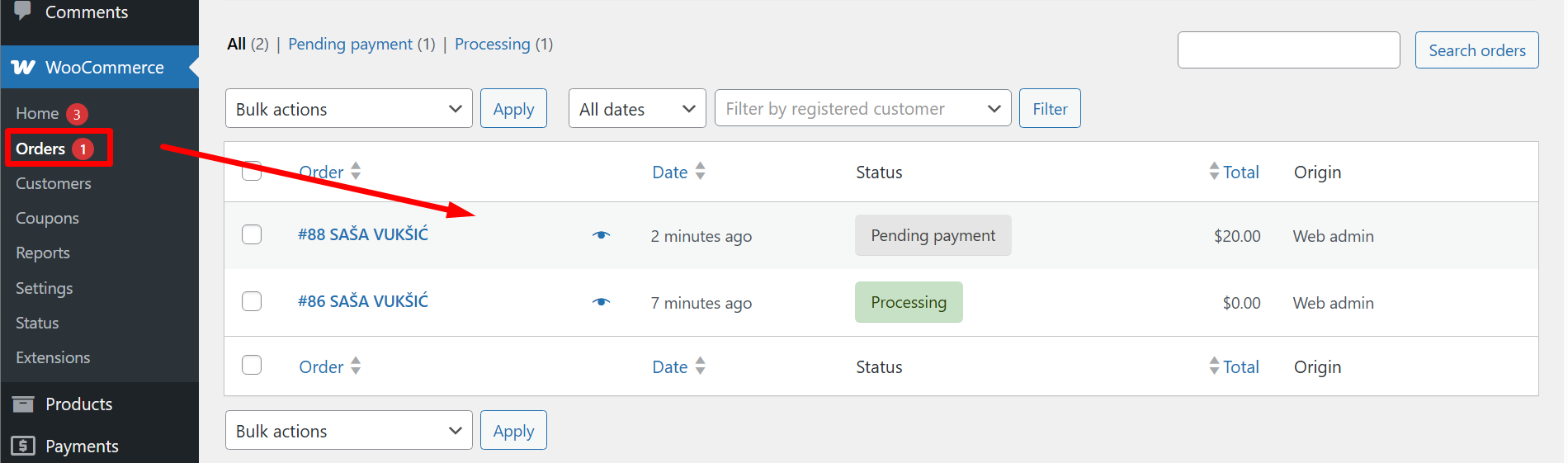 Lista narudžbi u Woocommerce webshopu