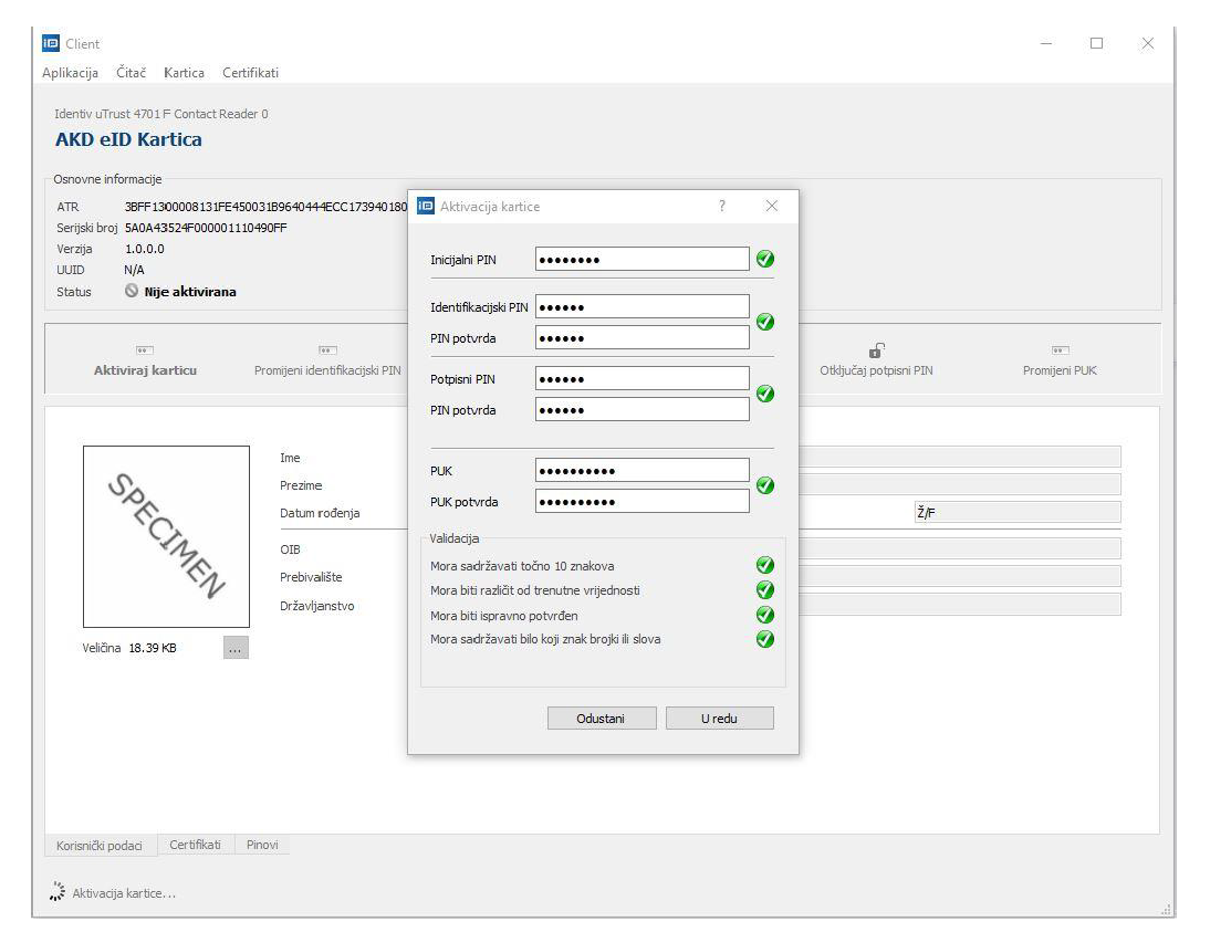 Unos pina prilikom aktivacije osobne