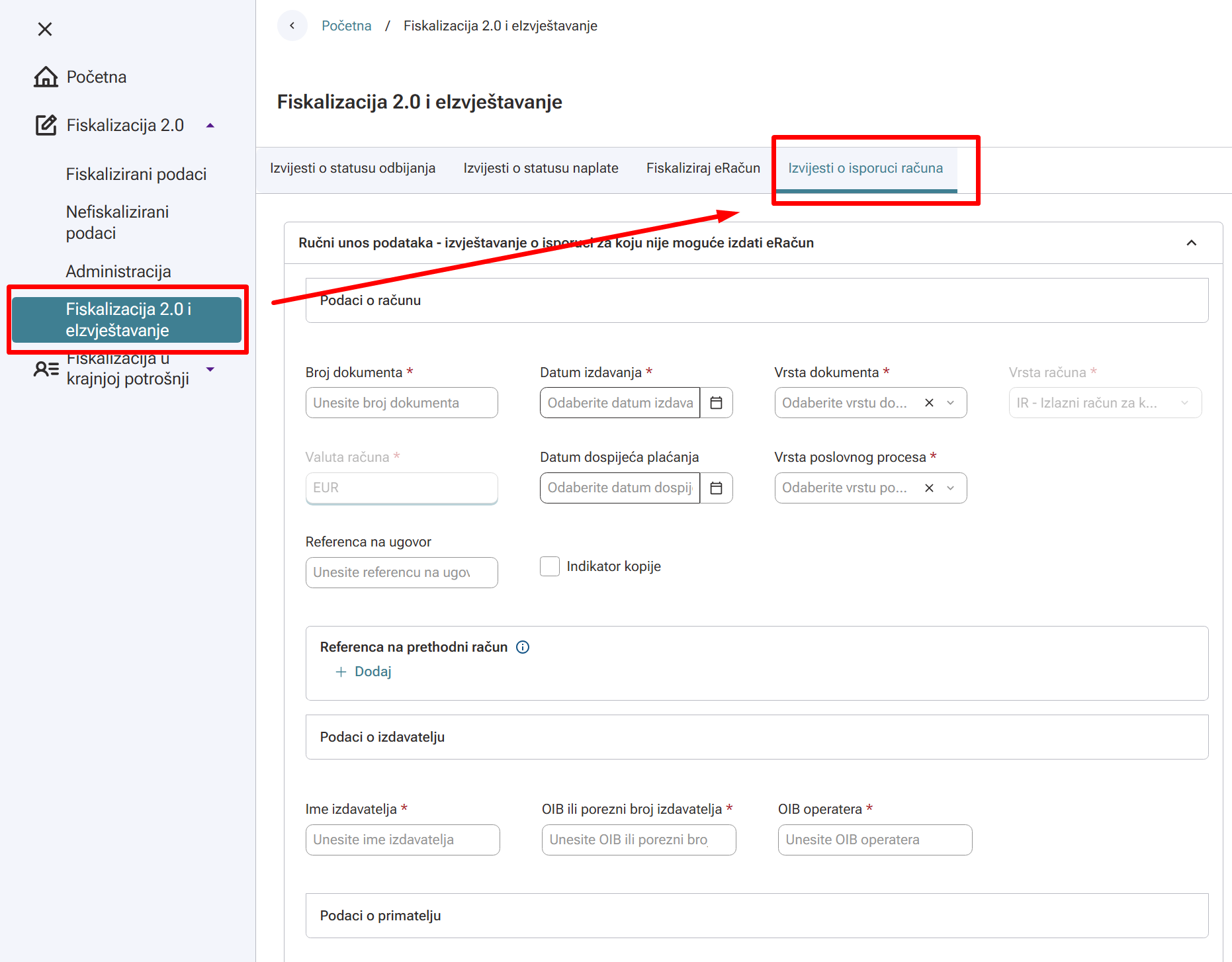 Izvještavanje o nemogućnosti isporuke eRačuna