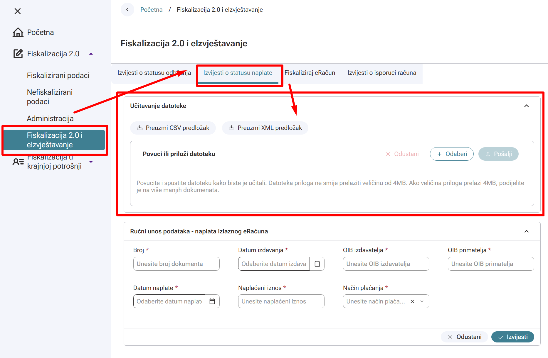 Izvještavanje o statusu naplate eRačuna iz fiskaplikacije putem datoteke