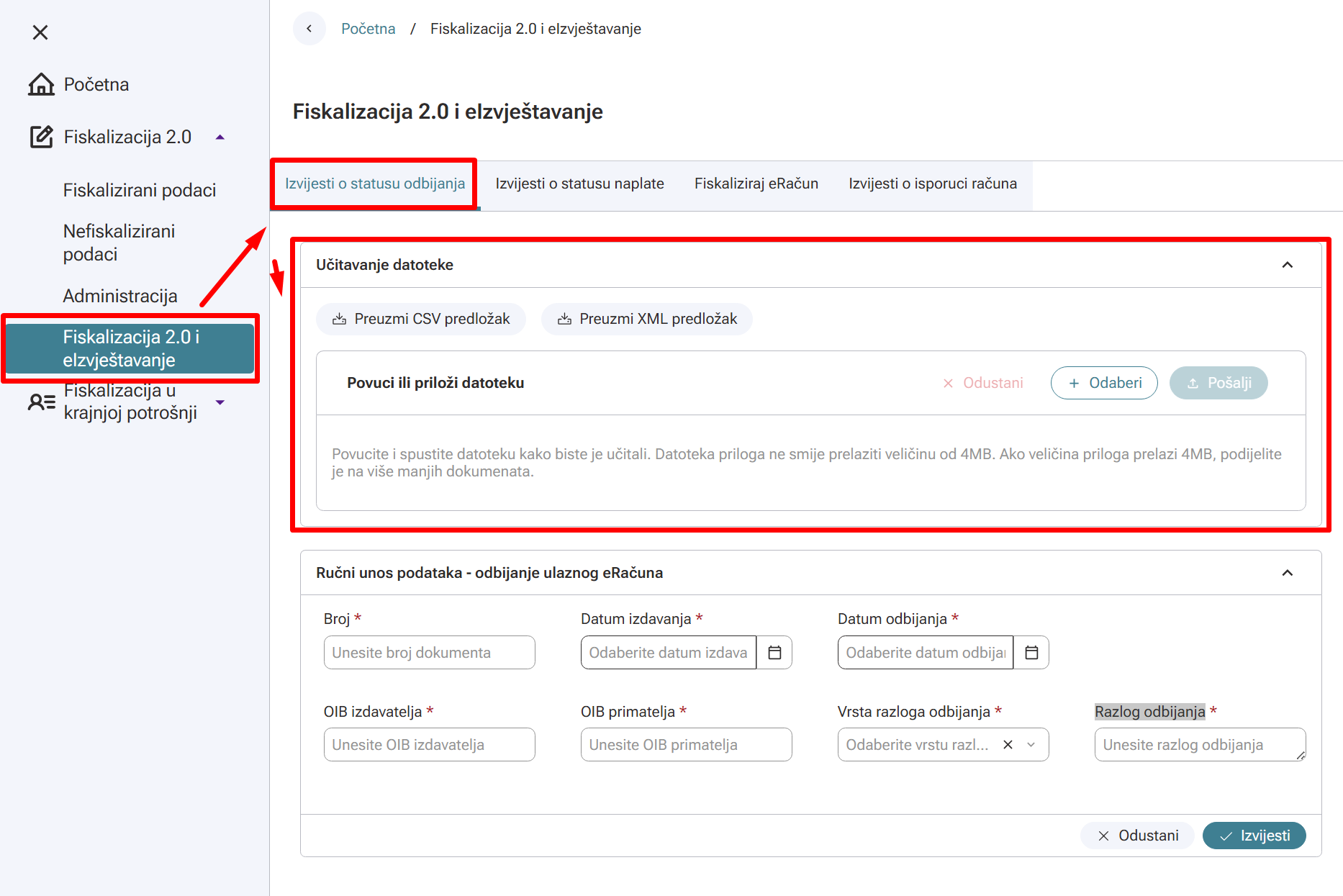 Odbijanje eračuna u fiskaplikaciji - datoteka