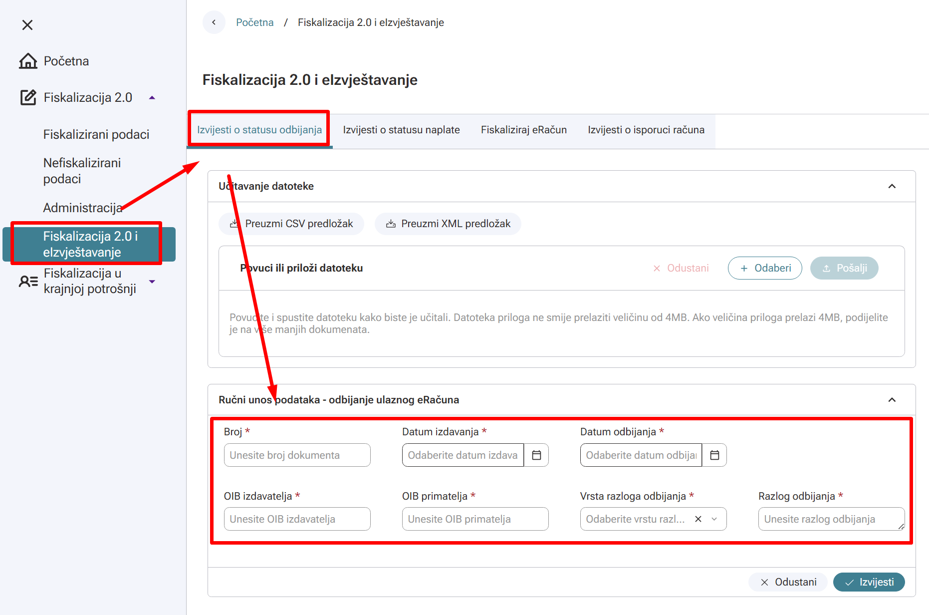 Odbijanje eračuna u fiskaplikaciji - ručno