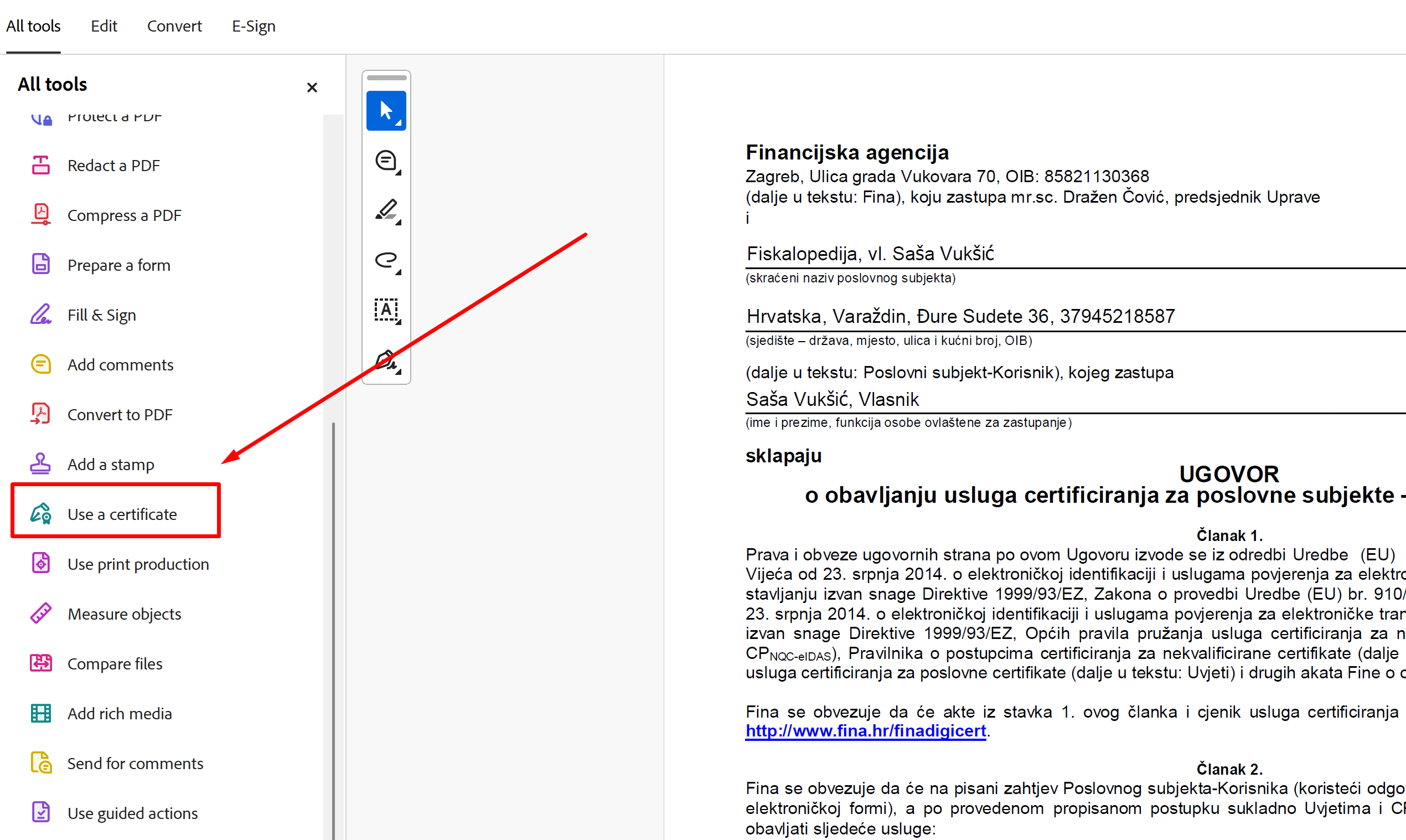 Odabir use a certificate opcije