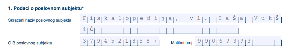 Podaci o poslovnom subjektu na zahtjevu