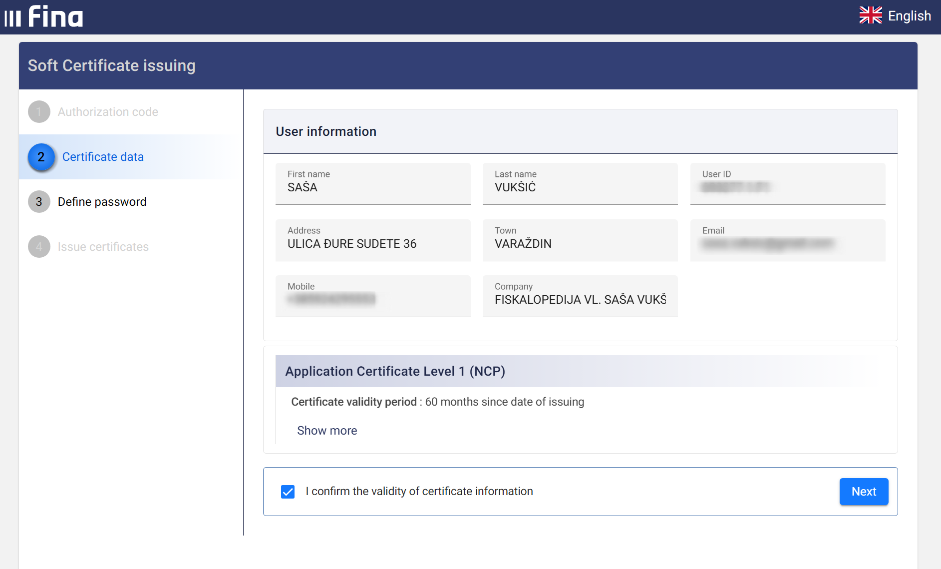 Provjera ispravnosti podataka vezanih uz certifikat