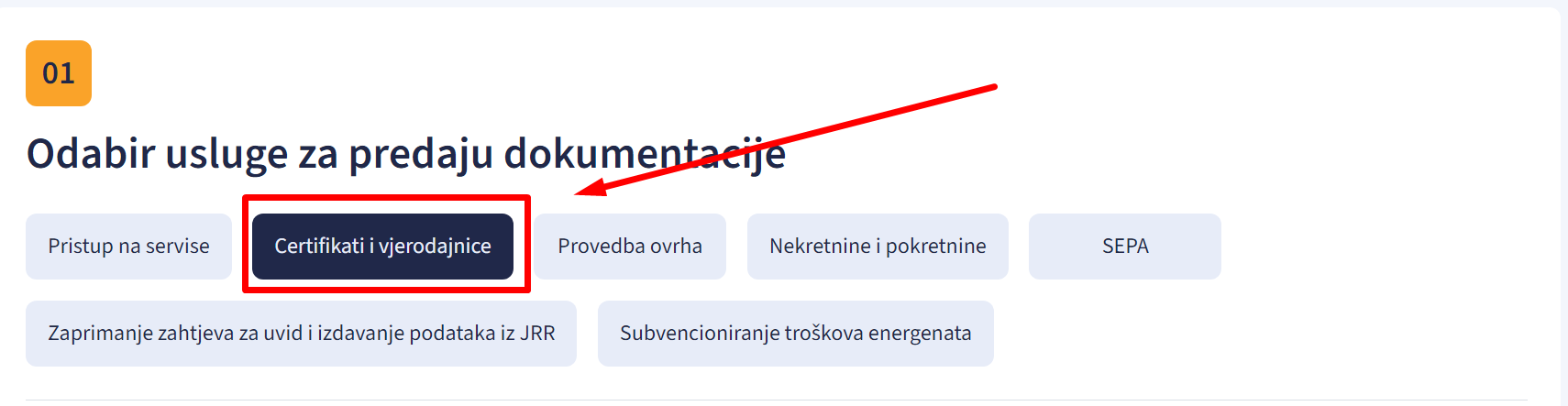 Odabir usluge za koju se predaje dokumentacija