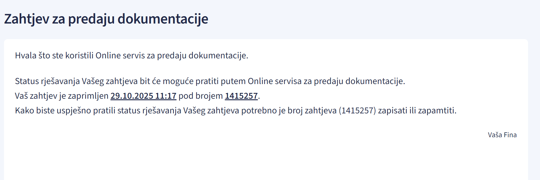 Dokumentacija uspješno predana