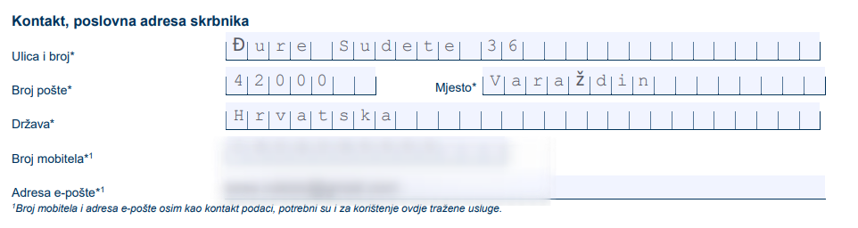 Poslovna adresa skrbnika certifikata