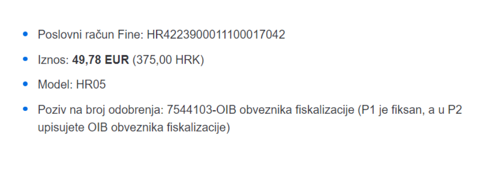 Podaci za uplatu kod izdavanja fiskalnog certifikata