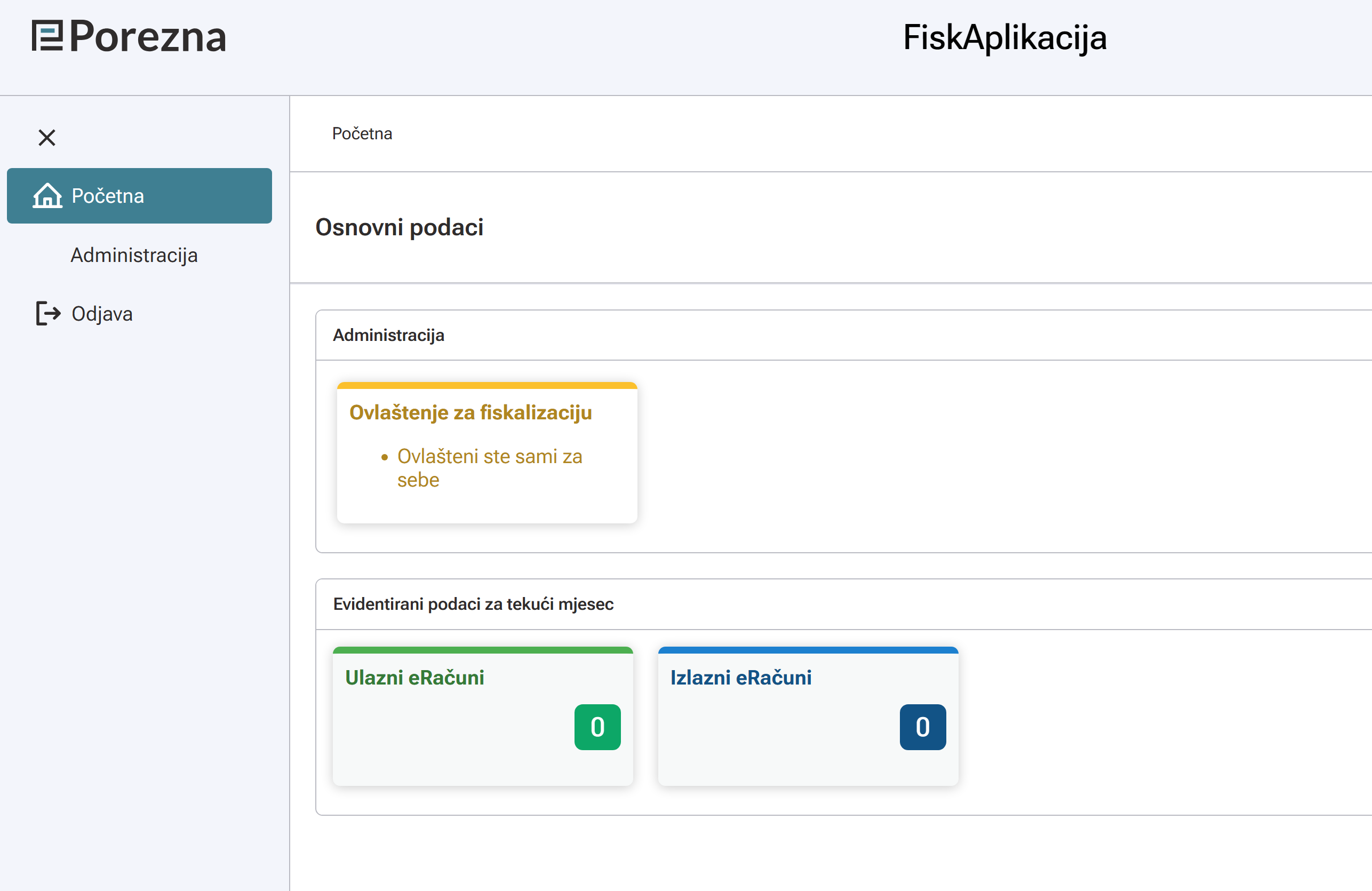 Fiskaplikacija početni zaslon