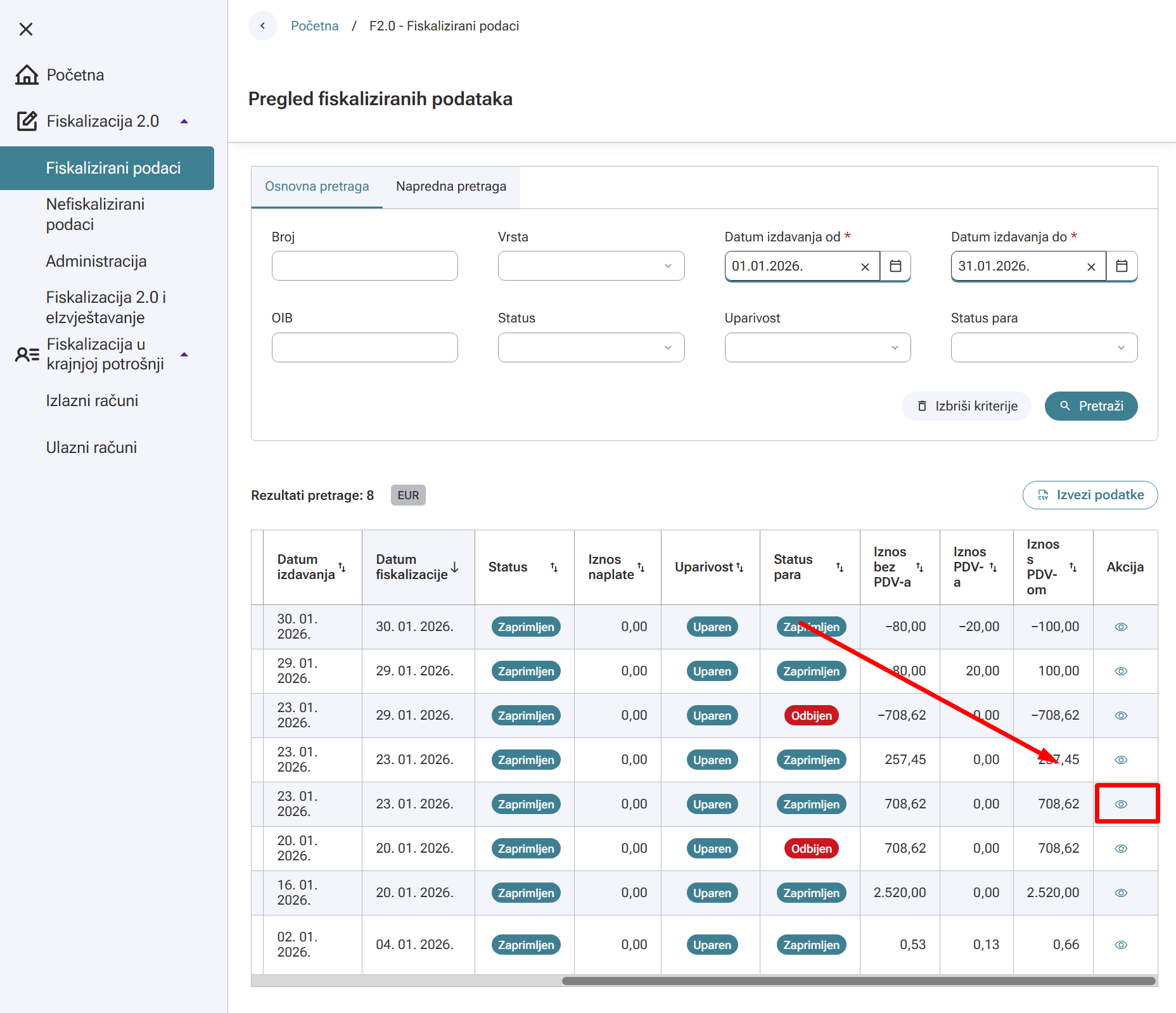 Odabir eRačuna za izvještavanje o naplati