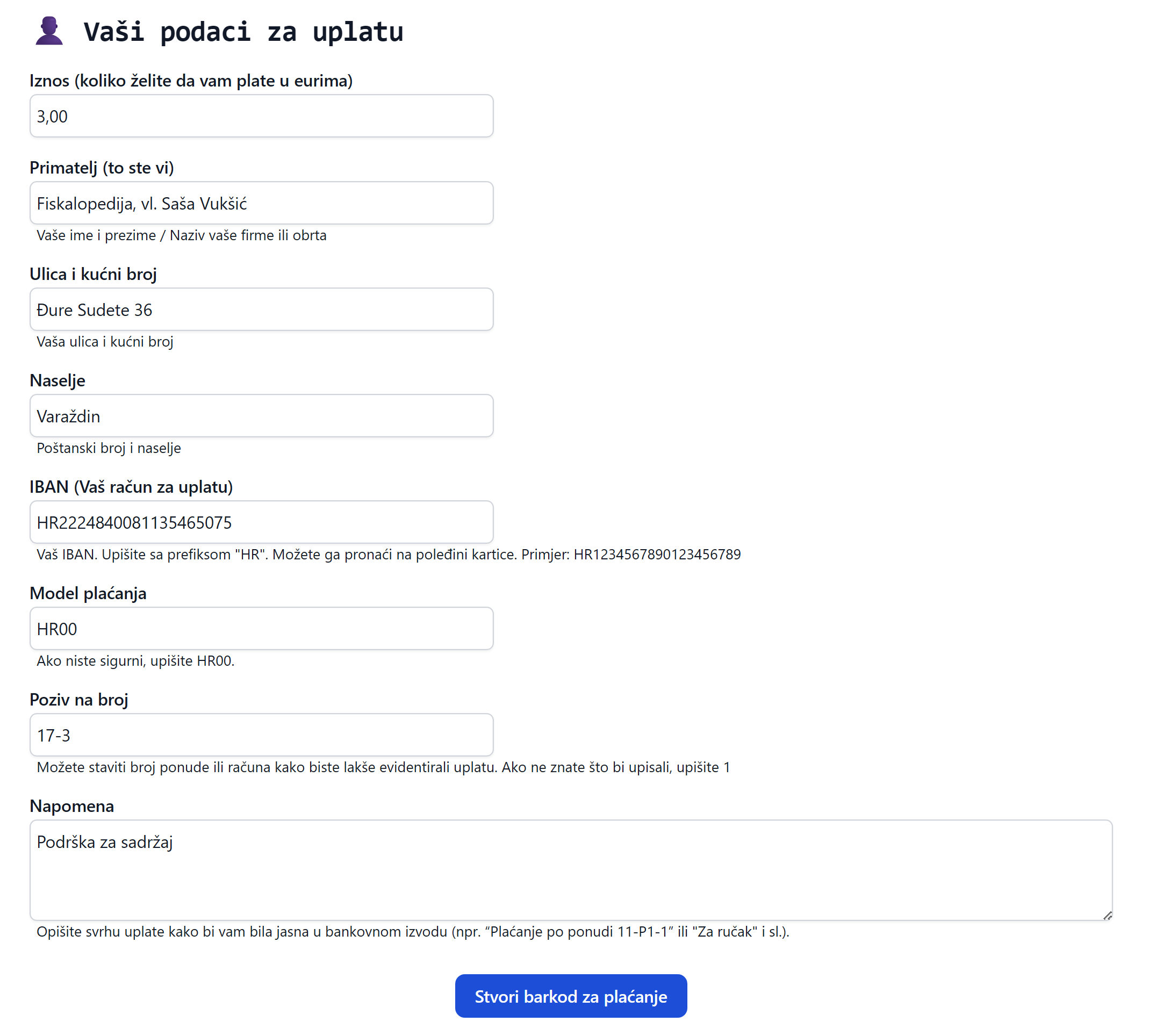 Podaci za plaćanje na hub3a općoj uplatnici