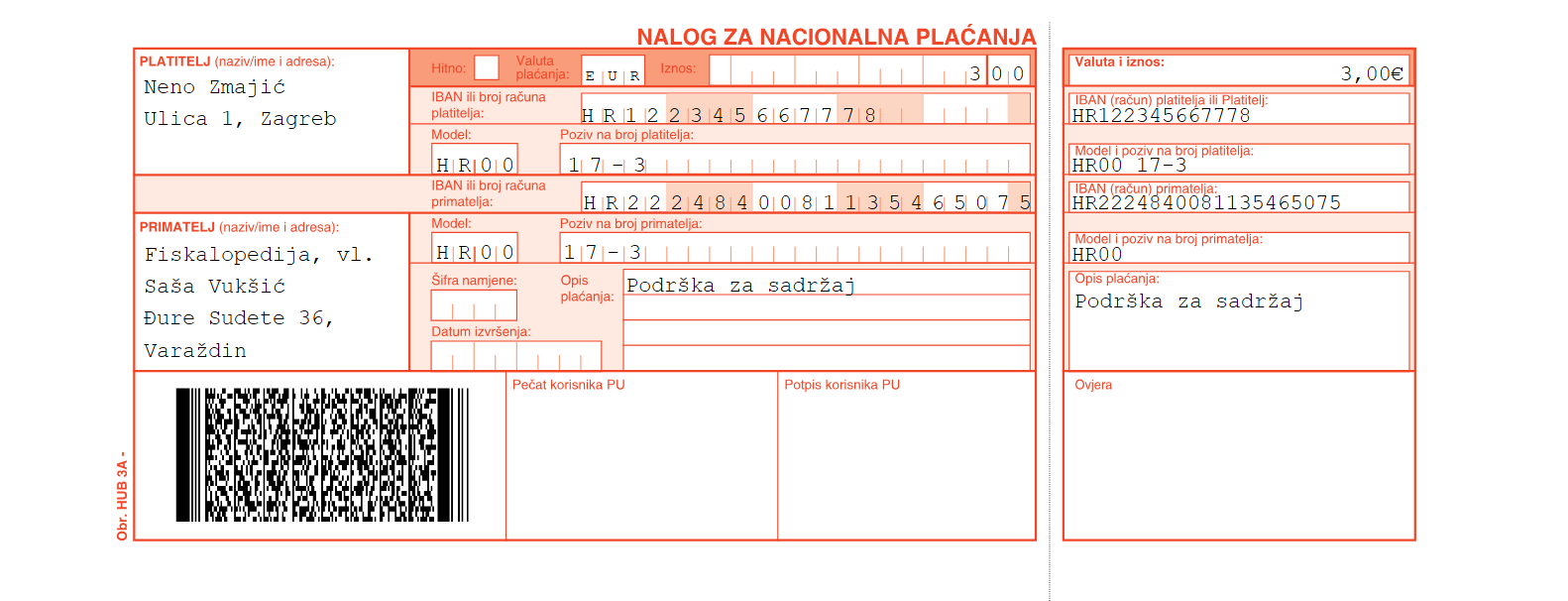 Primjer hub3a opće uplatnice
