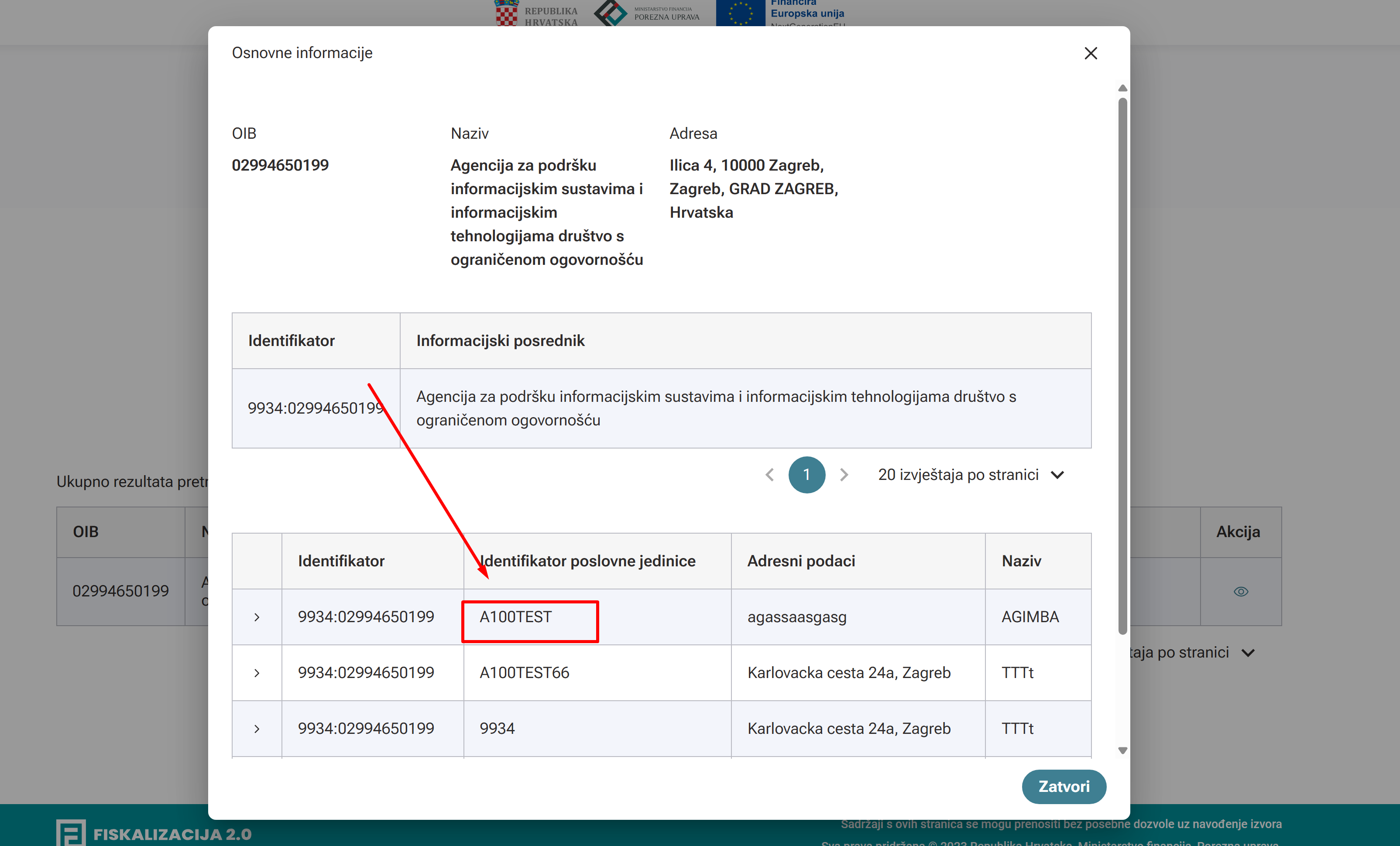Dohvat podatak o poslovnoj jedinici primatelja eRačuna u aplikaciji Lista identifikatora poreznih obveznika
