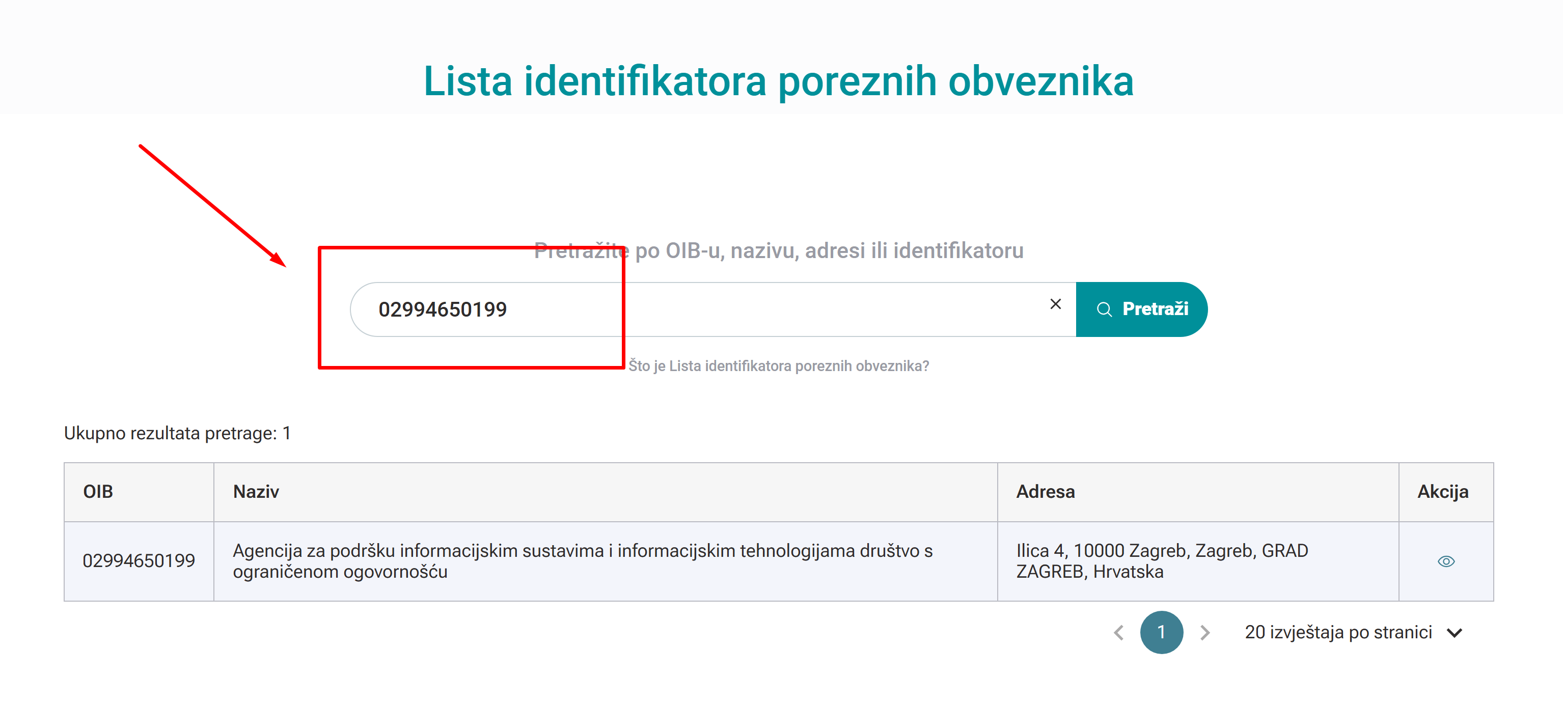 Pretraživanje primatelja eRačuna u aplikaciji Lista identifikatora poreznih obveznika