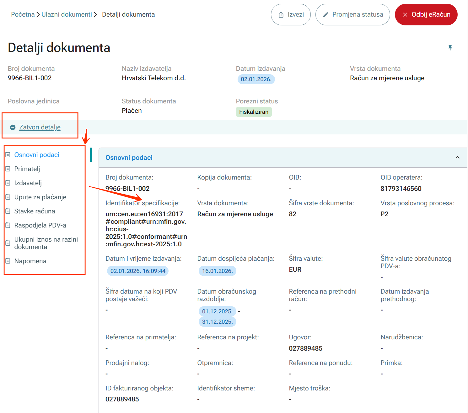 Detalji ulaznog eRačuna