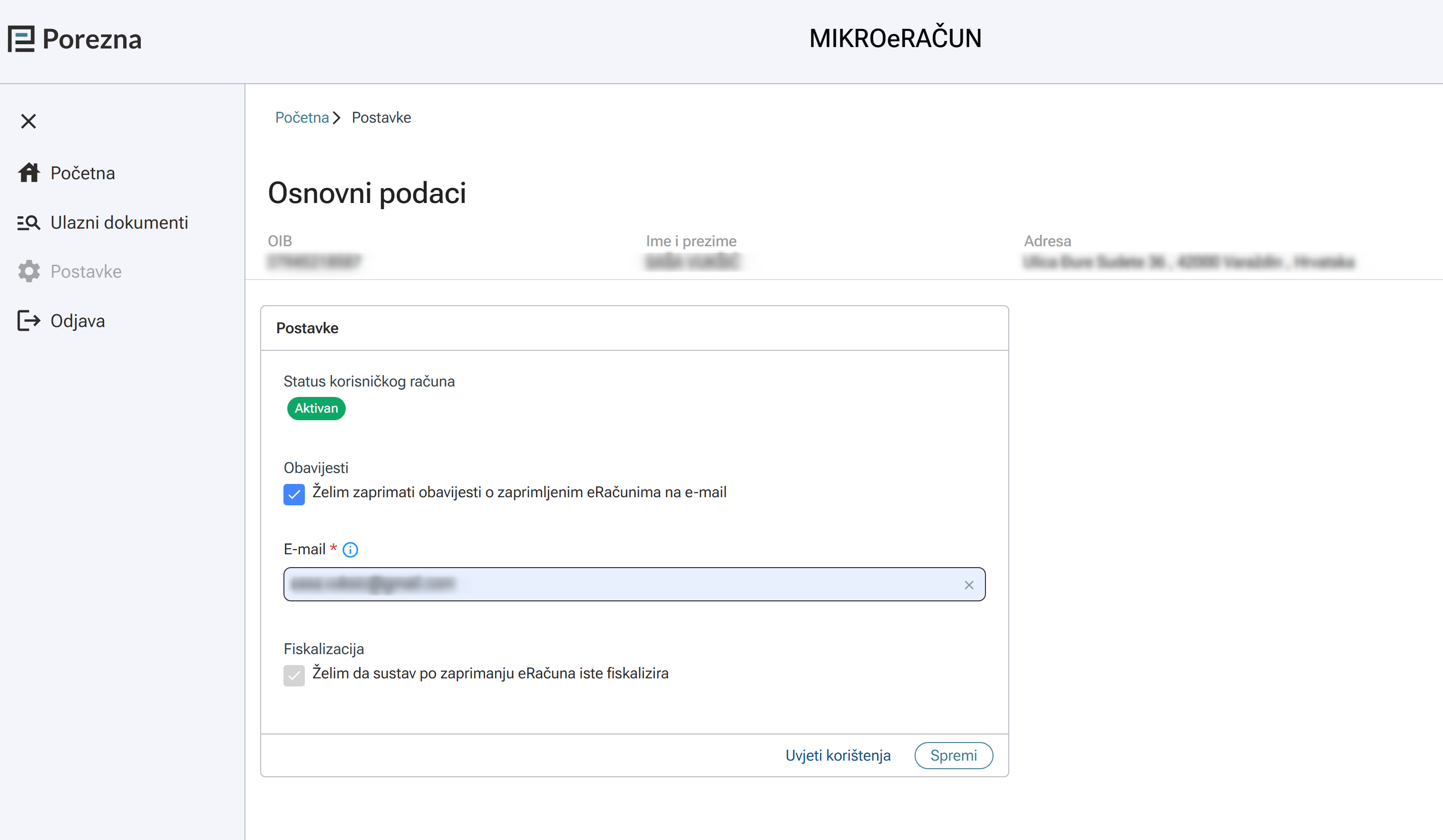 Postavke na mikroeRačun aplikaciji