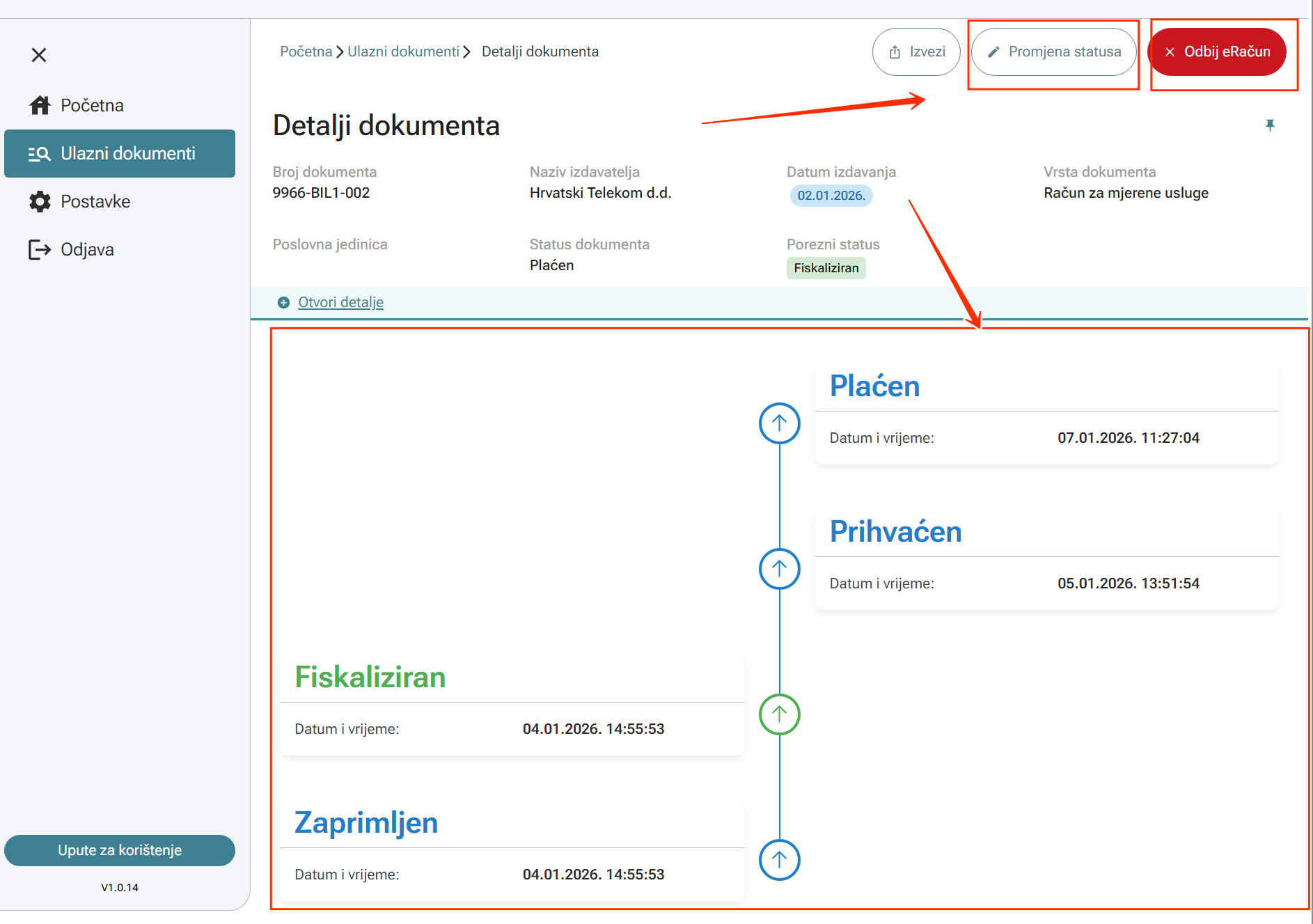 Promjena statusa ulaznog eRačuna