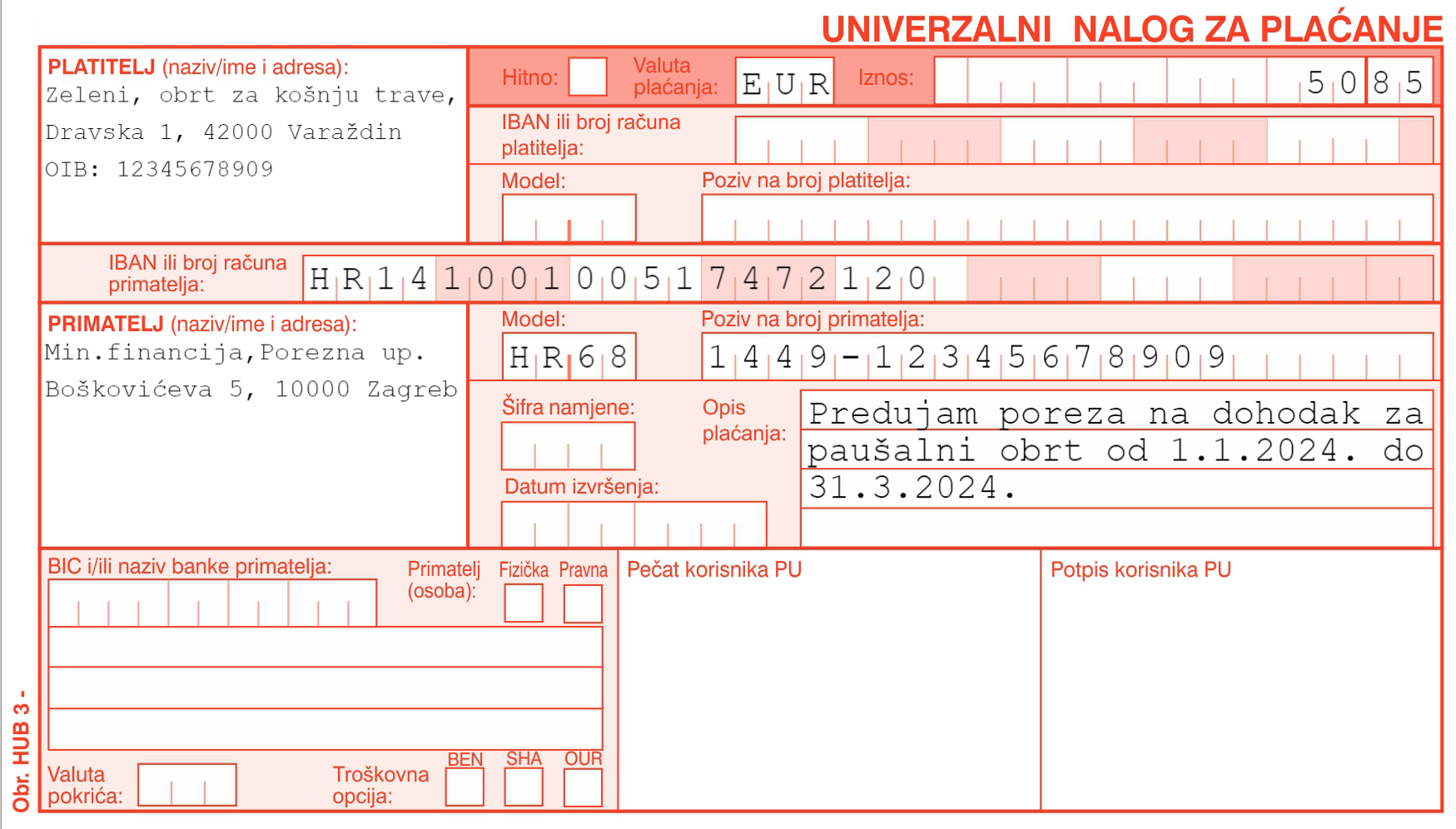 Primjer uplatnice za porez na dohodak u paušalnom obrtu