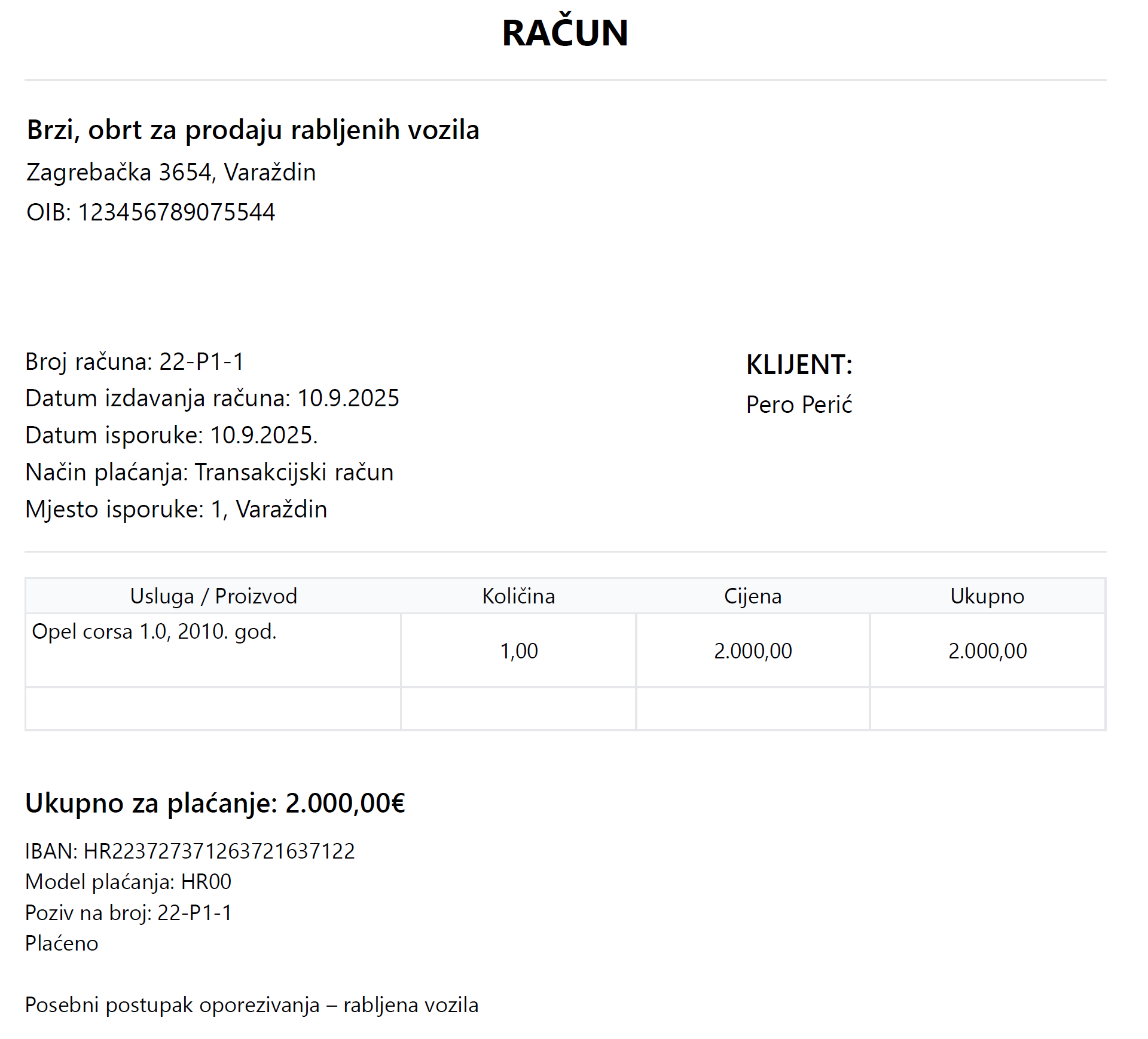 Račun za posebni porezni postupak kod prodaje rabljenih vozila