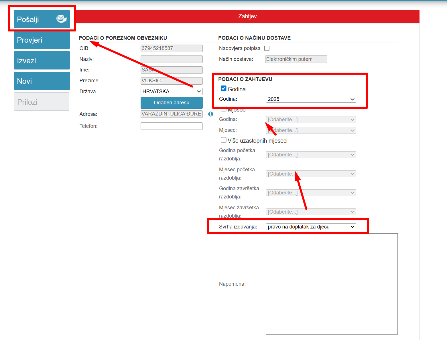 Odabir zahtjeva za potvrdu o visini dohodaka i primitaka