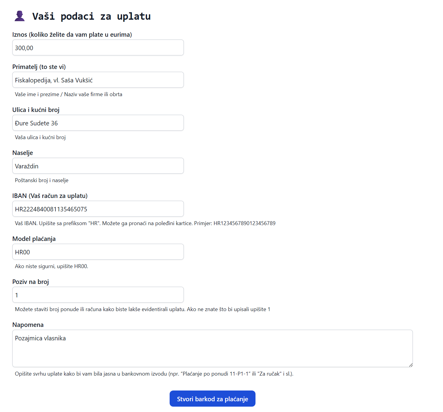 Generiranje uplatnice za pozajmicu vlasnika paušalnog obrta
