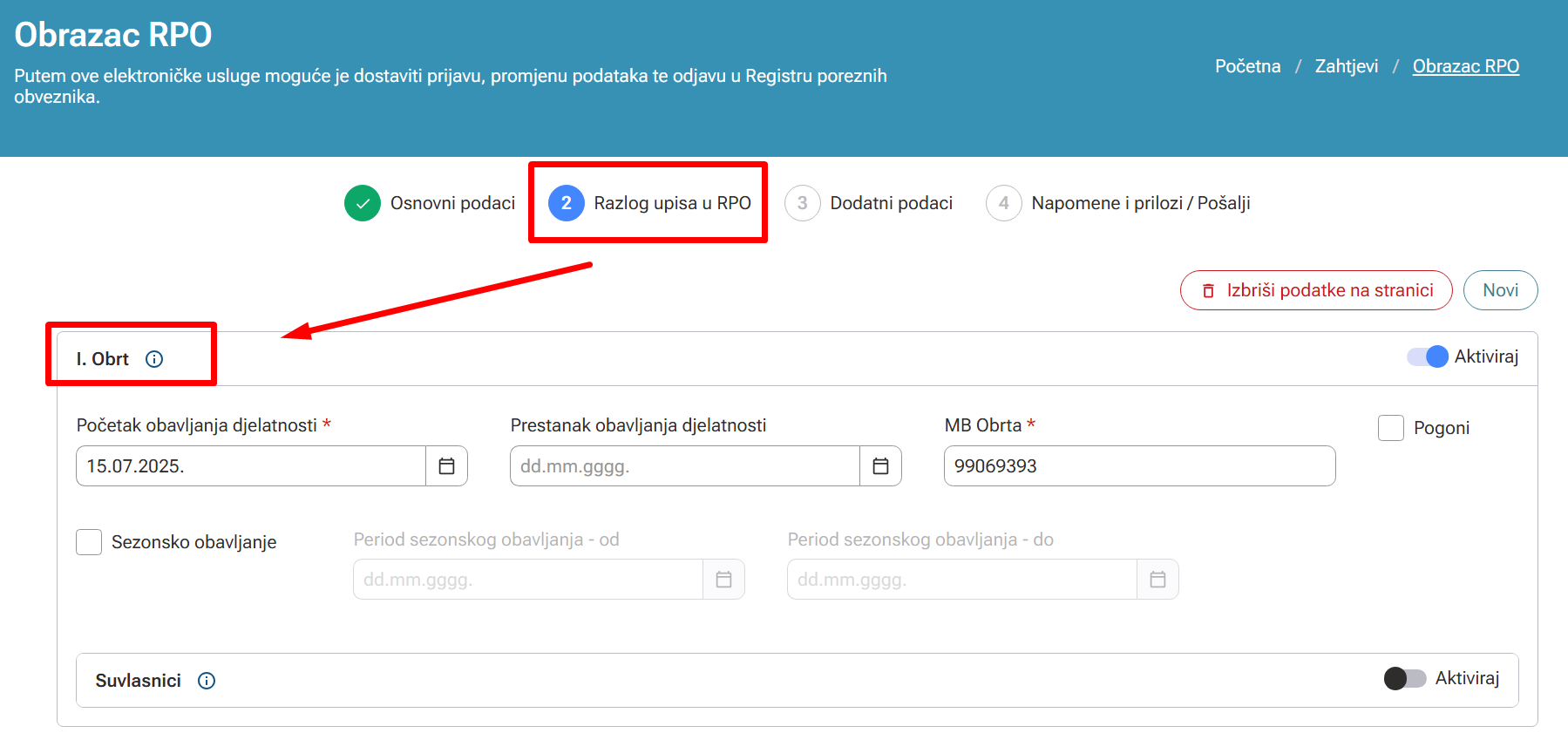 Razlog upisa u registar poreznih obveznika