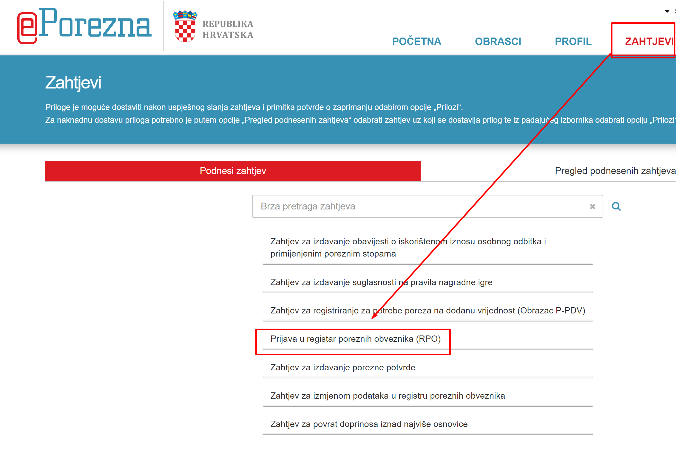 Prijava na ePoreznu i odabir RPO zahtjeva