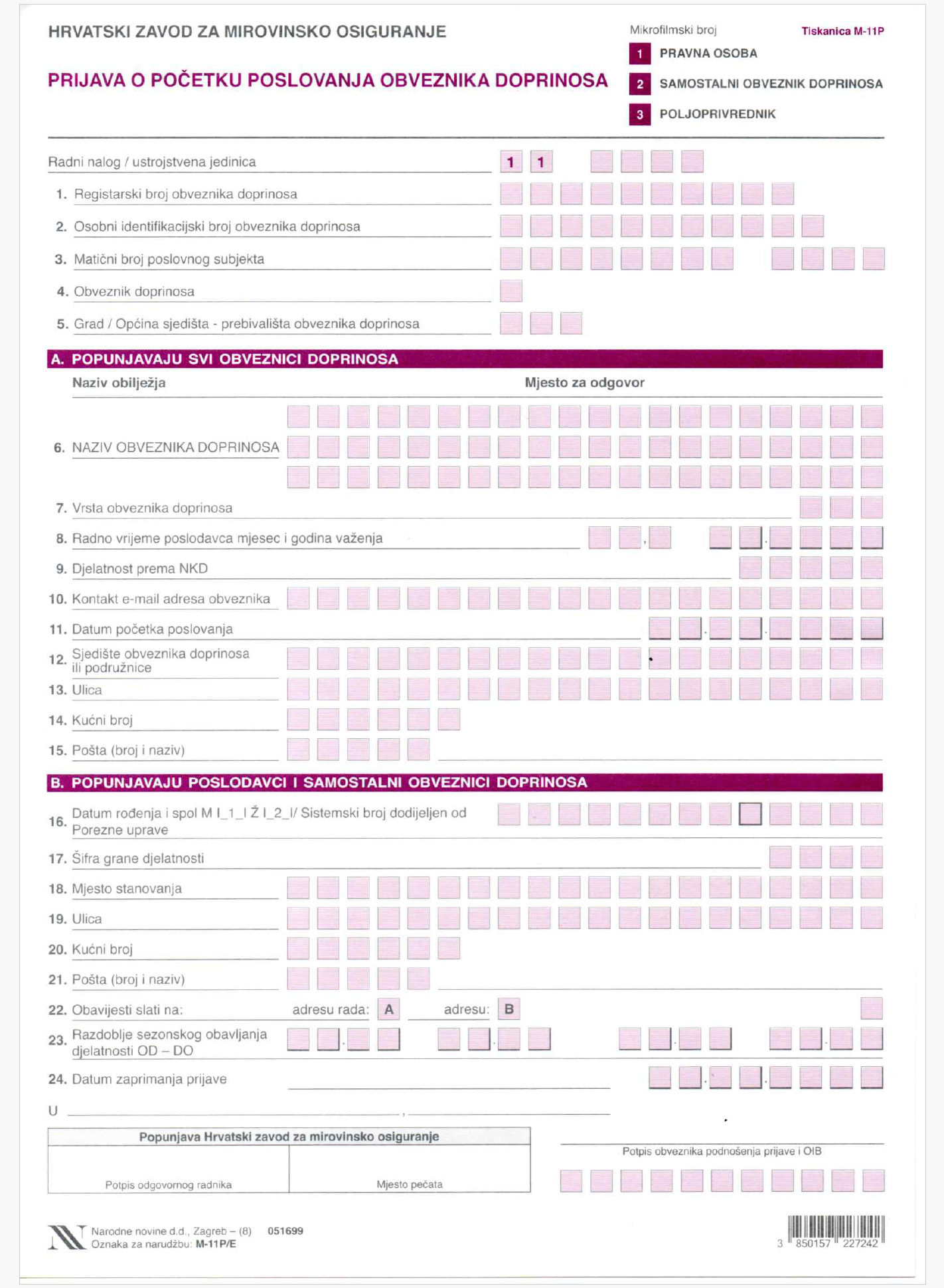 M11-P tiskanica uputa za popunjavanje