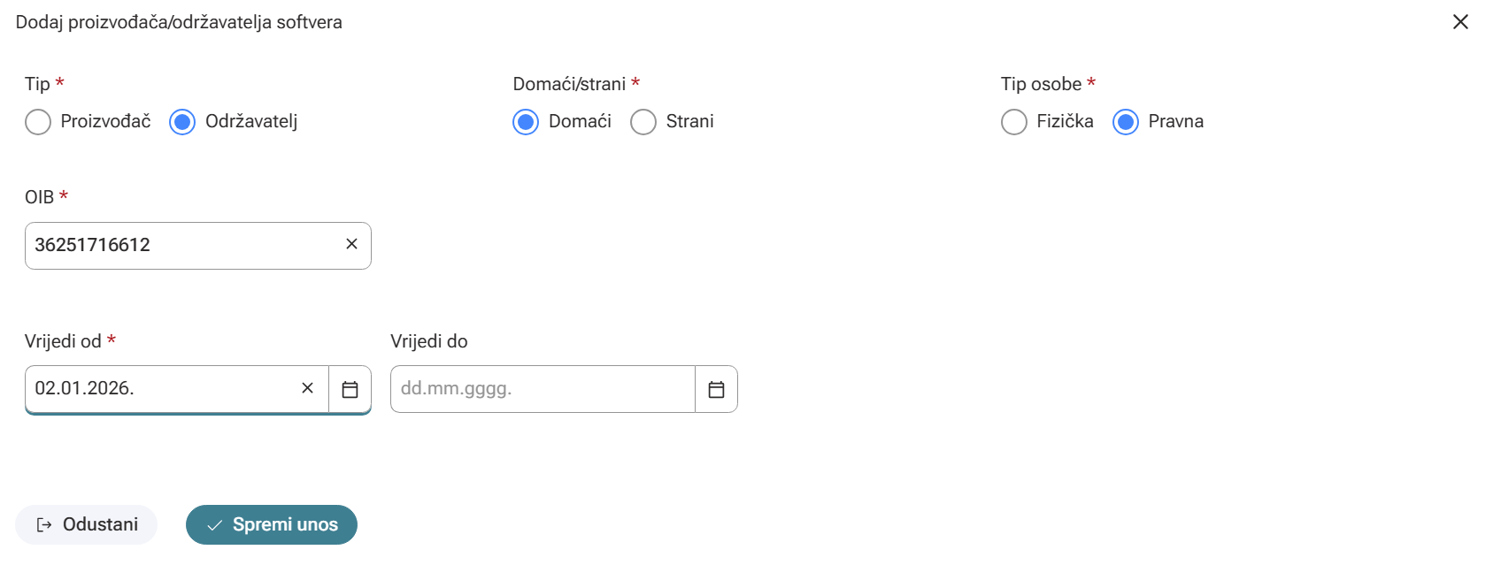 Unos podataka o proizvođaču i održavatelju softvera