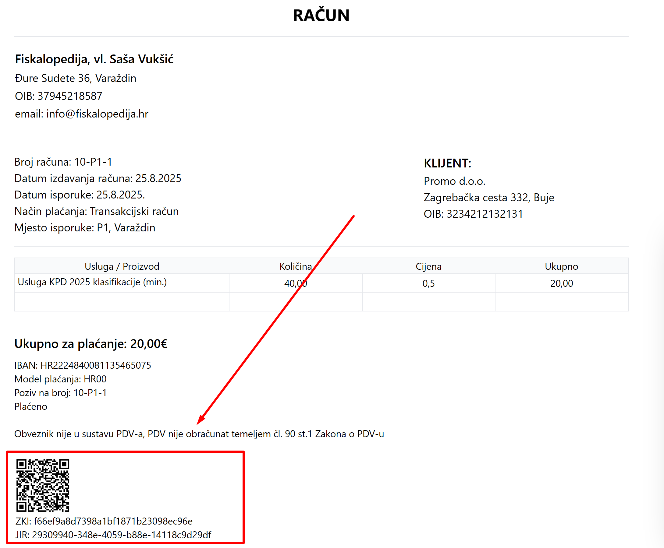 Primjer fiskalnog računa sa jir, zki i qr kodom